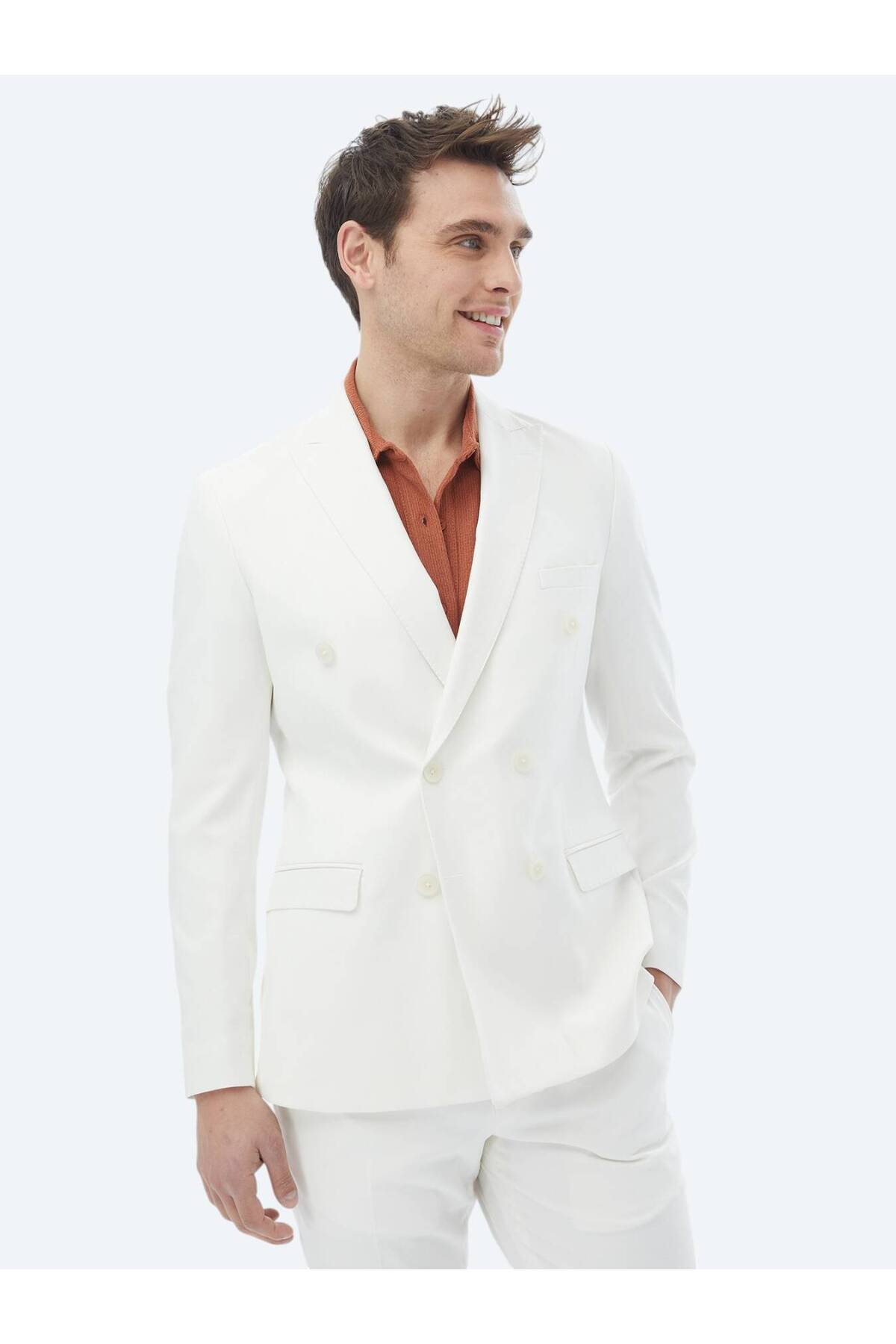 Kip Ekru Düz Slim Fit Takım Elbise görsel 6