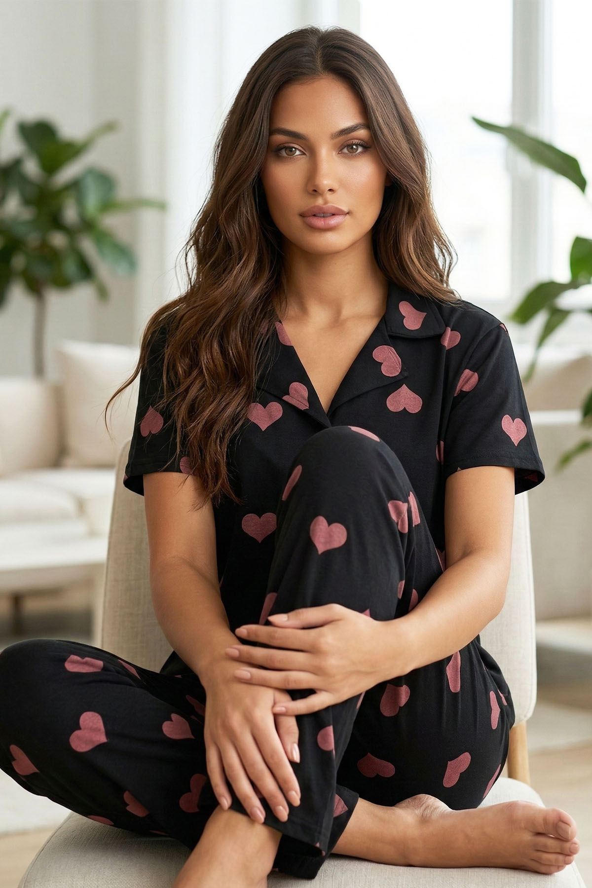 Siyah İnci Black Pink Heart Pattern Knitted Button Pajamas Suit 7610