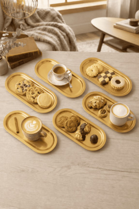 Sarkap Home 16x35 cm 6'lı Gold Oval Sunumluk Metal Servis Tepsisi