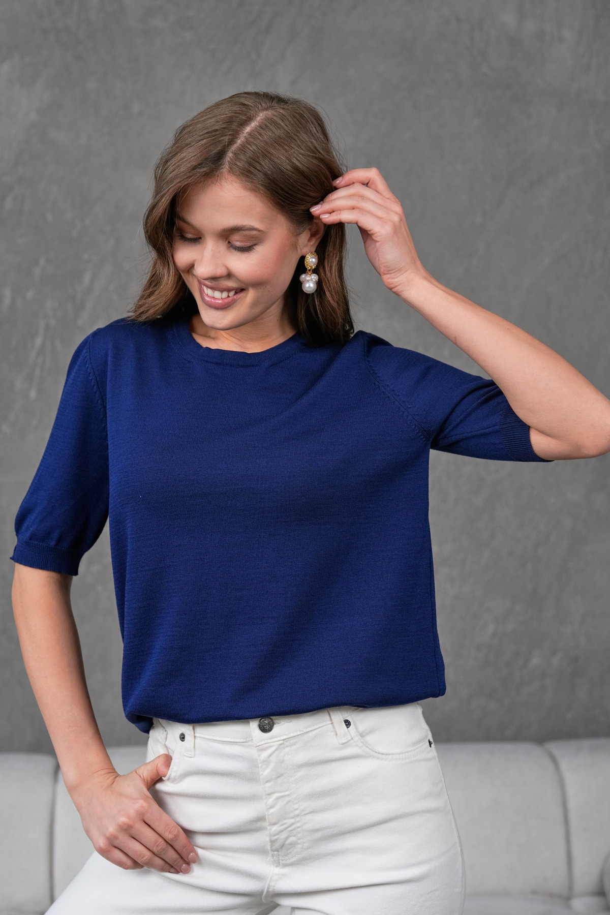 Irmak Kerekli  Kadın Ense Düğmeli Kısa Kol Triko Bluz 1415 Lacivert - Görsel 3