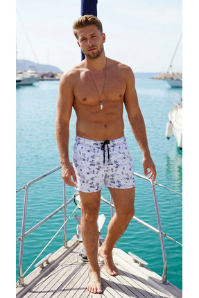 Miami Beach Erkek Beyaz Baskılı Standart Boy Mayo Deniz Şortu