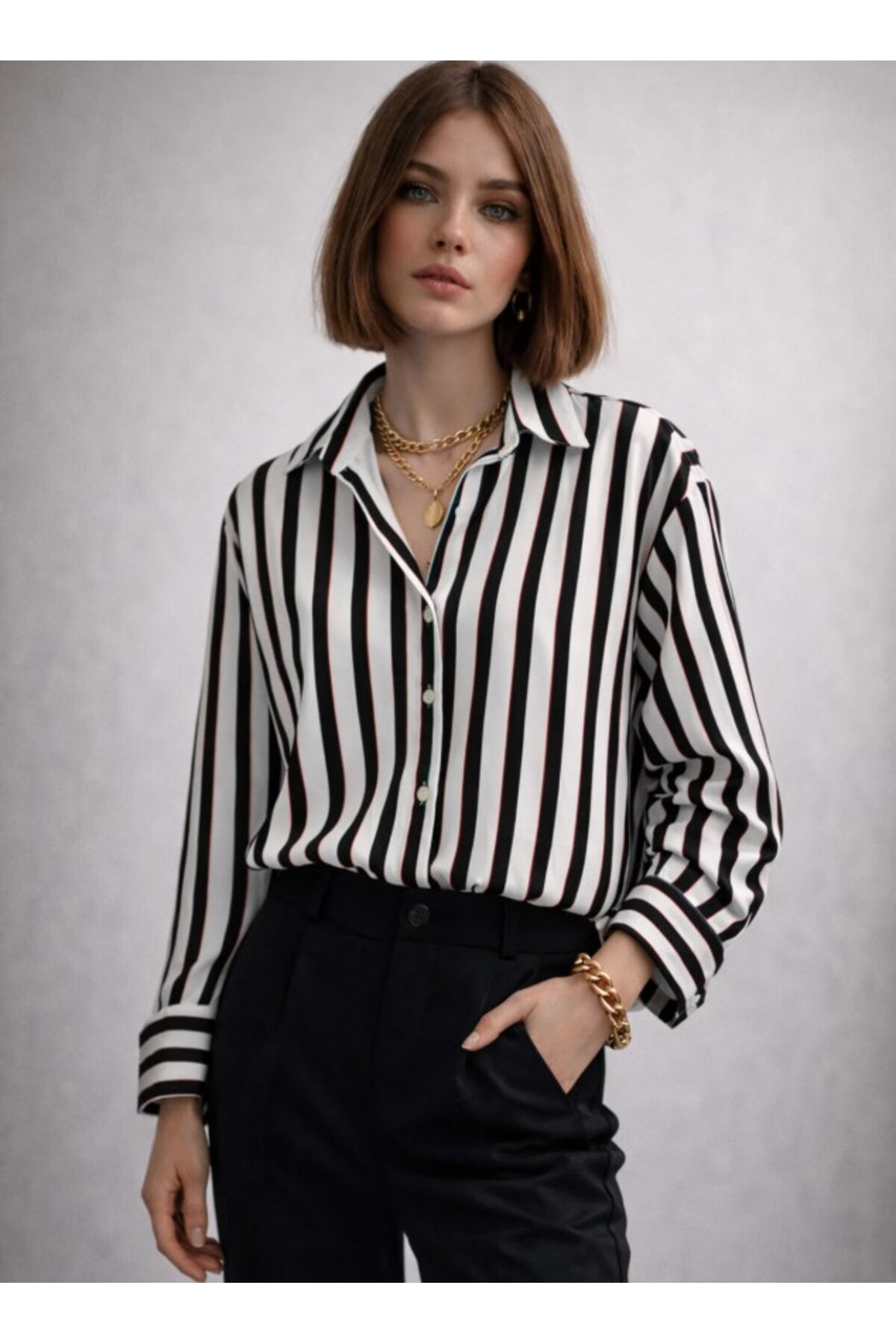 ribana  Kadın Çizgili saten kumaş Klasik Yaka, Önü Düğmeli Uzun kollu, Manşet Bitişli Gömlek 3971 - Görsel 4