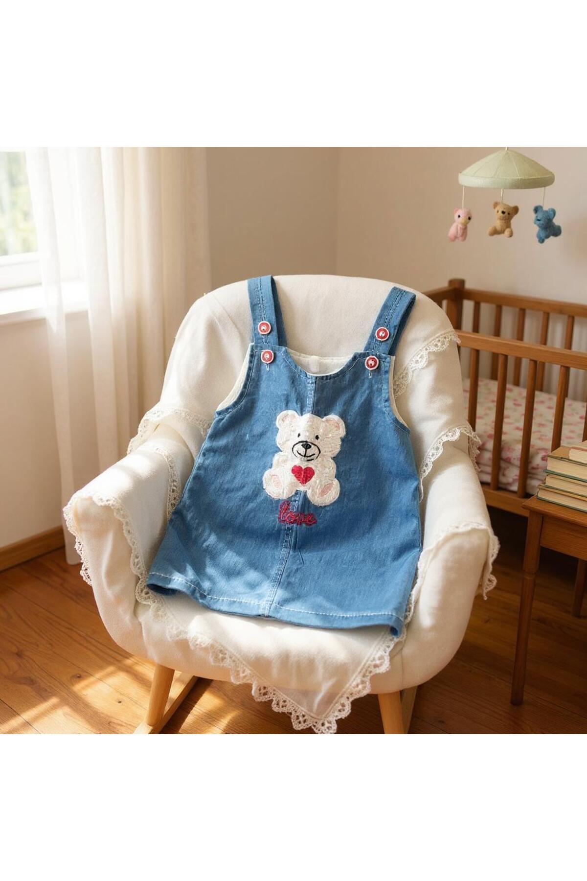 atishpoli Kız Çocuk Düğme Kapamalı Ayıcık İşlemeli Kot Jile Elbise 1-2-3-4 Yaş fotoğrafı 2 (önizleme)