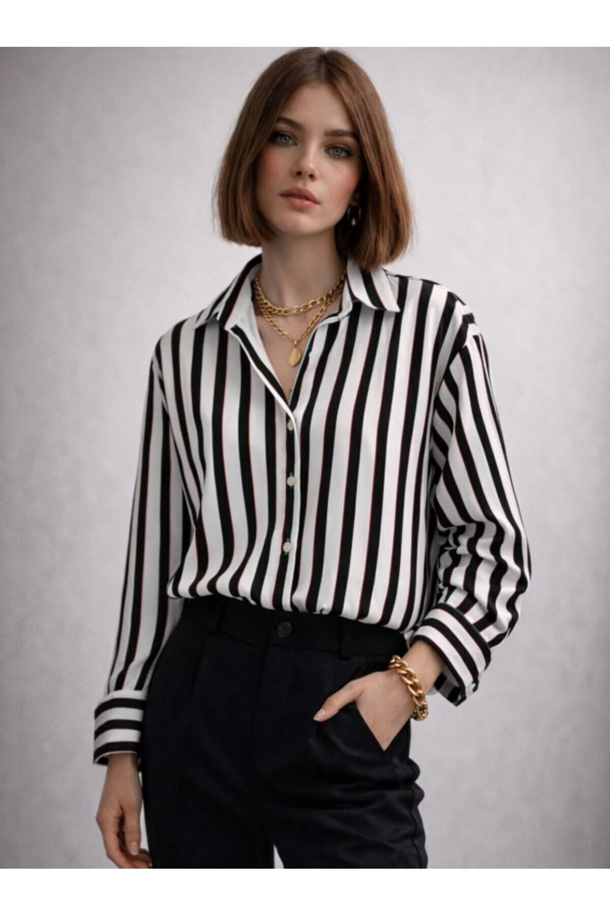 ribana  Kadın Çizgili saten kumaş Klasik Yaka, Önü Düğmeli Uzun kollu, Manşet Bitişli Gömlek 3971 - Görsel 6