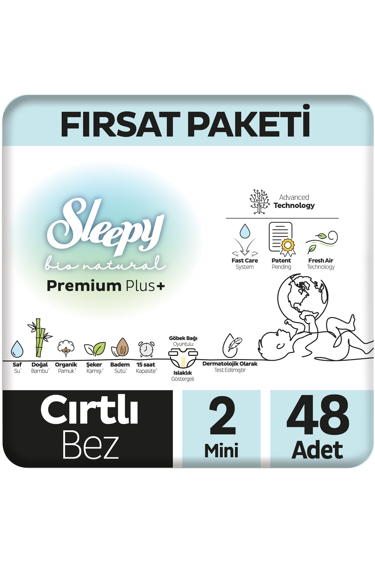Sleepy Bio Natural Premium Plus Fırsat Paketi Bebek Bezi 2 Numara Mini 48 Adet