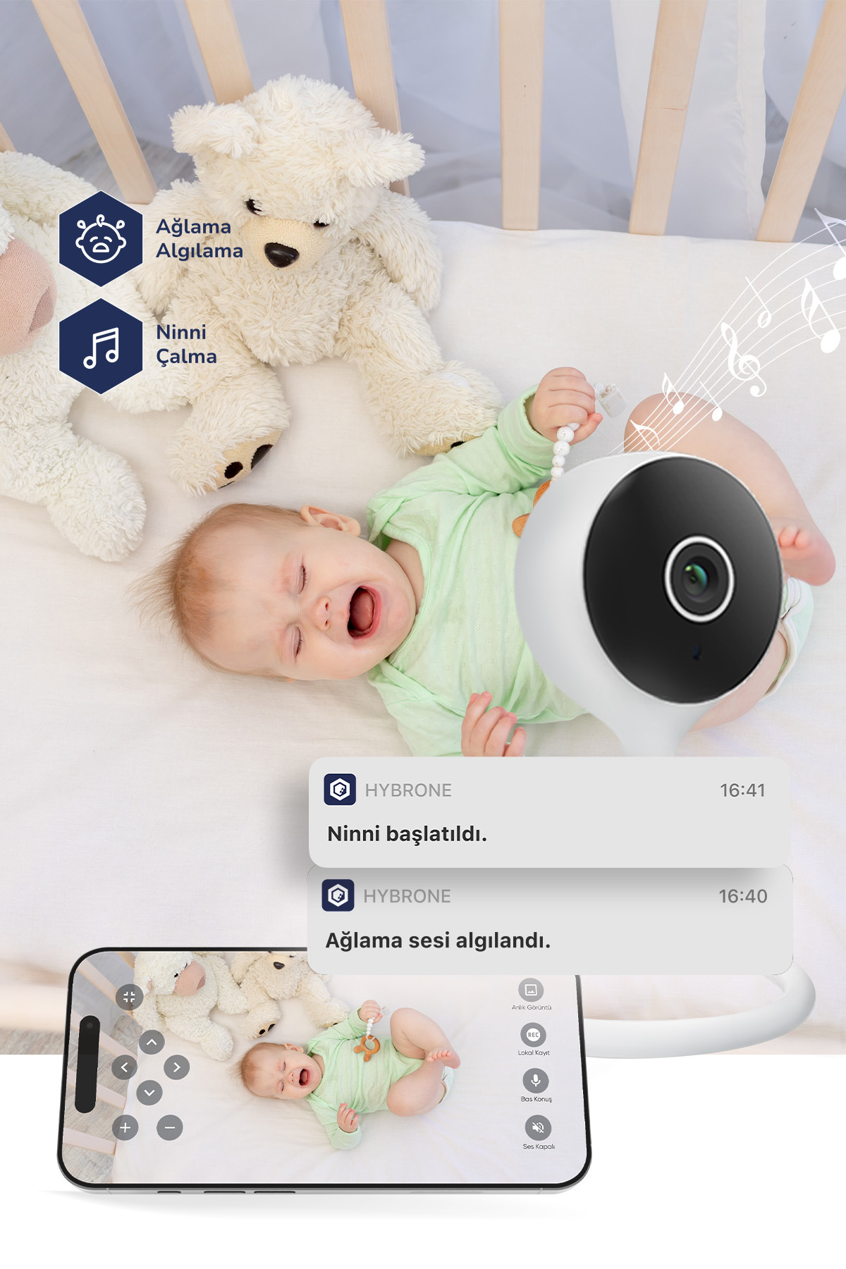 Hybrone Flex Akıllı WiFi Bebek Kamerası – Ağlama Algılama, Ninni Çalma, Gece Görüşlü, Sıcaklık ve Nem Ölçümü fotoğrafı 2 (önizleme)