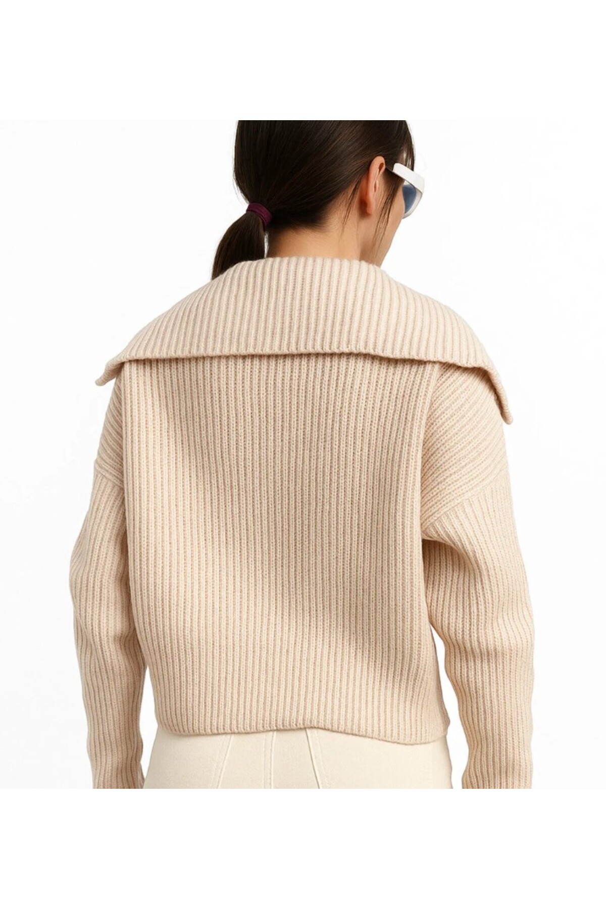 Kadın Fermuarlı oversize Devrik Yaka Triko Hırka — کرم 7594 — تصویر 5 از 7