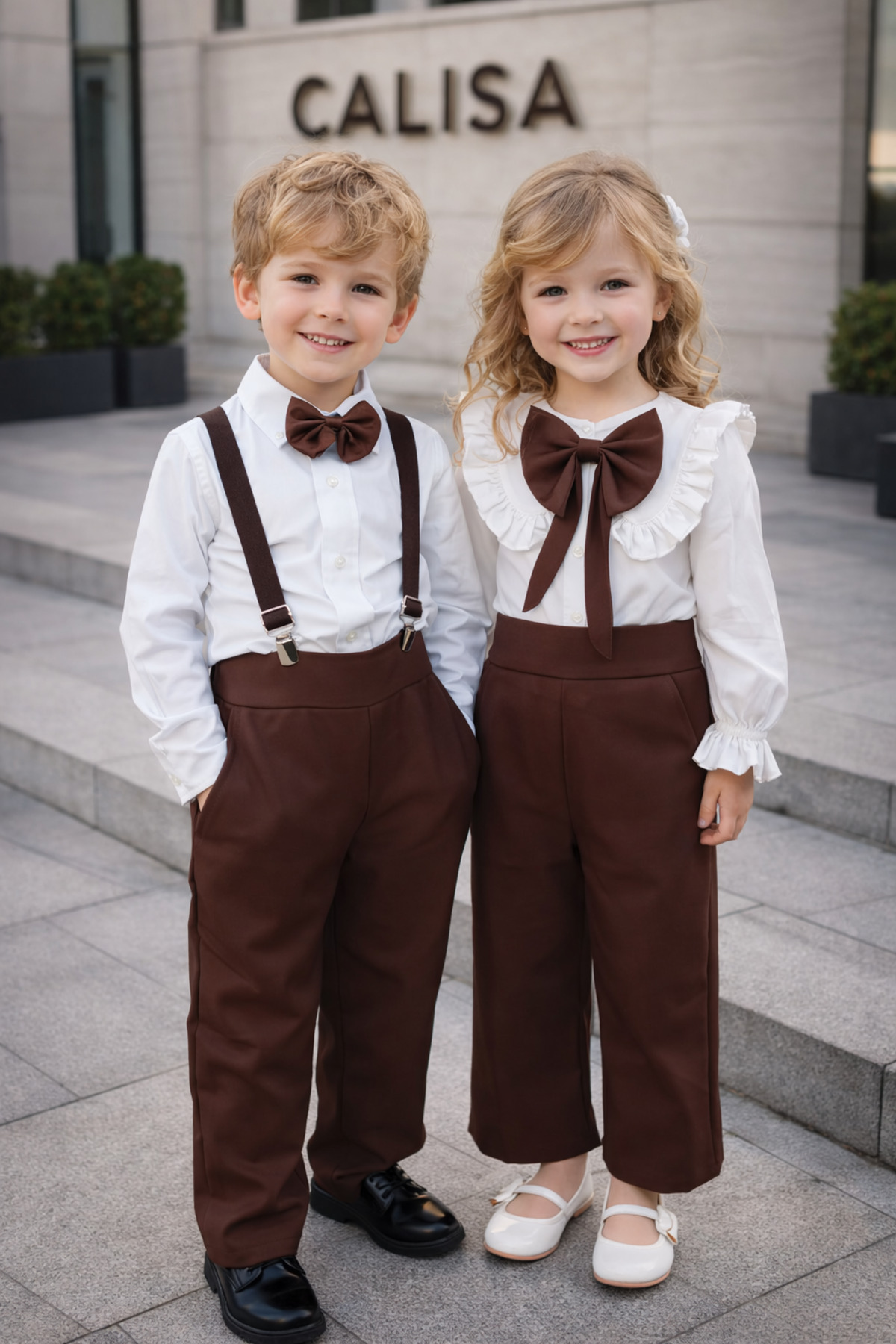Boys Holiday Suit Strappy Pants Bow Tie Shirt 2-12 Years