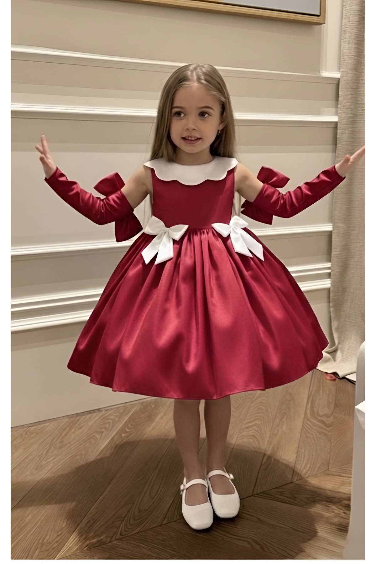 AseLKidsBoutique KIZ ÇOCUK ÇIKARILABİLİR FİYONK ELDİVEN YAKALI SATEN KIRMIZI ELBİSE