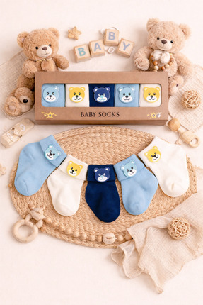 Genel Markalar 5 Çift Kutulu Ayıcık Aksesuarlı Erkek Bebek Çorabı 0-6 Ay