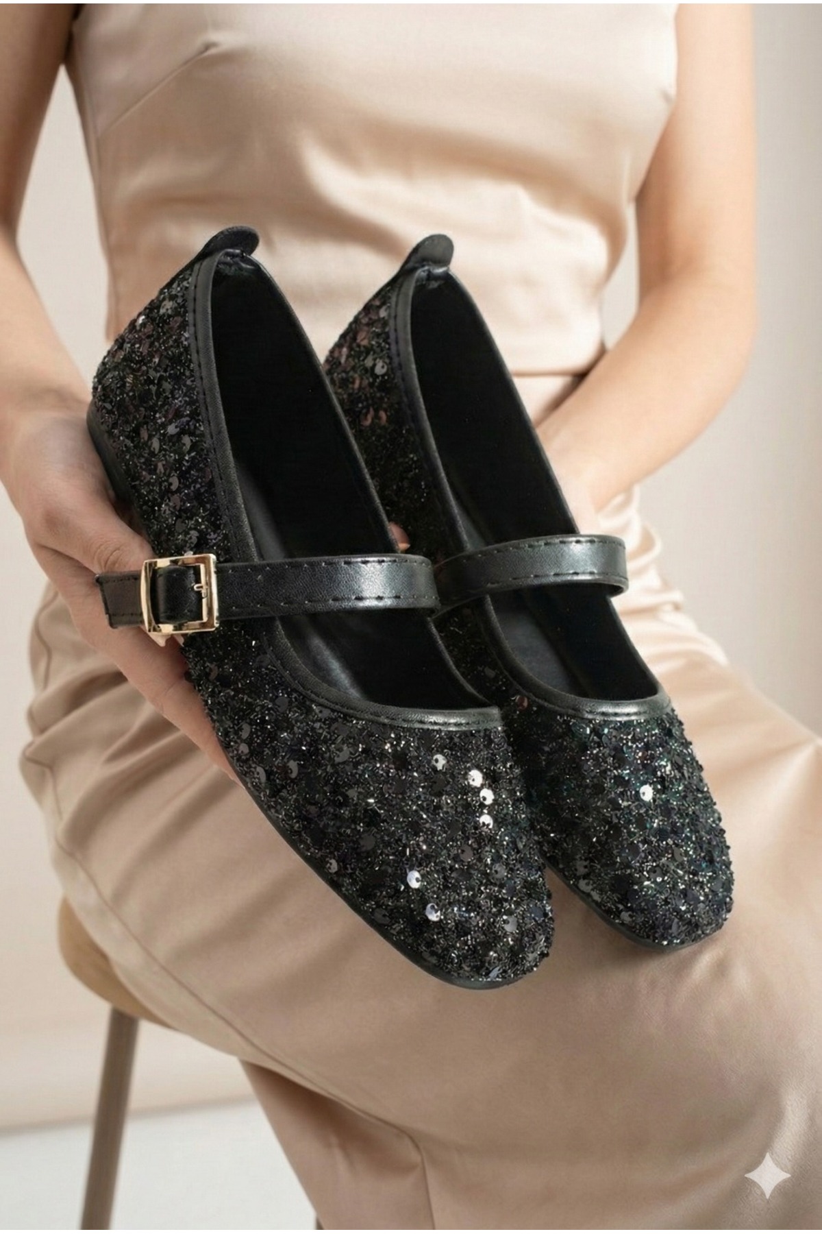 StWenn  Siyah Pullu Simli Payetli Mary Jane Babet Şık Tokalı Ortopedik Taban Günlük Ayakkabı - Görsel 6