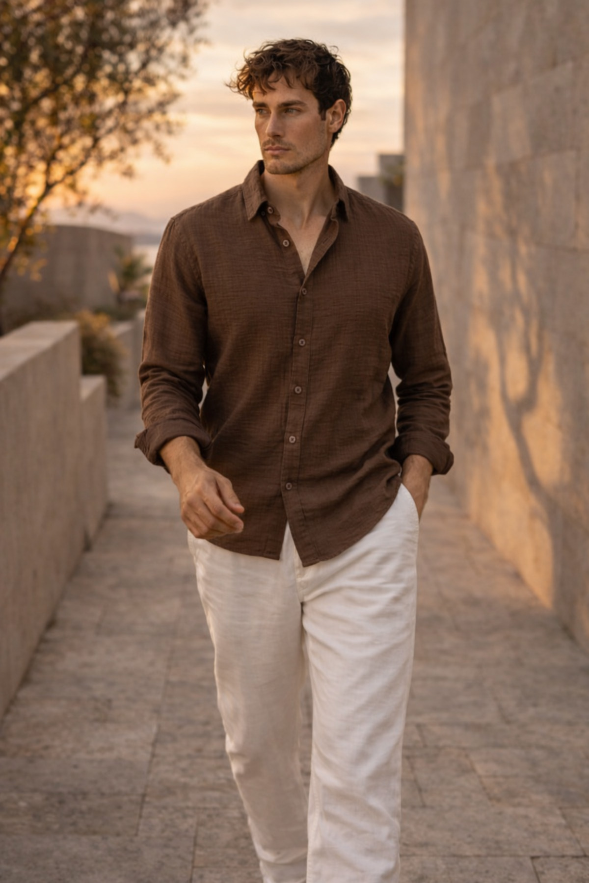 Valiberta  Nefes Alabilir Yarım Oversize Müslin Kumaş Uzun Kol Yakalı Erkek Gömlek - Kahve - Görsel 2