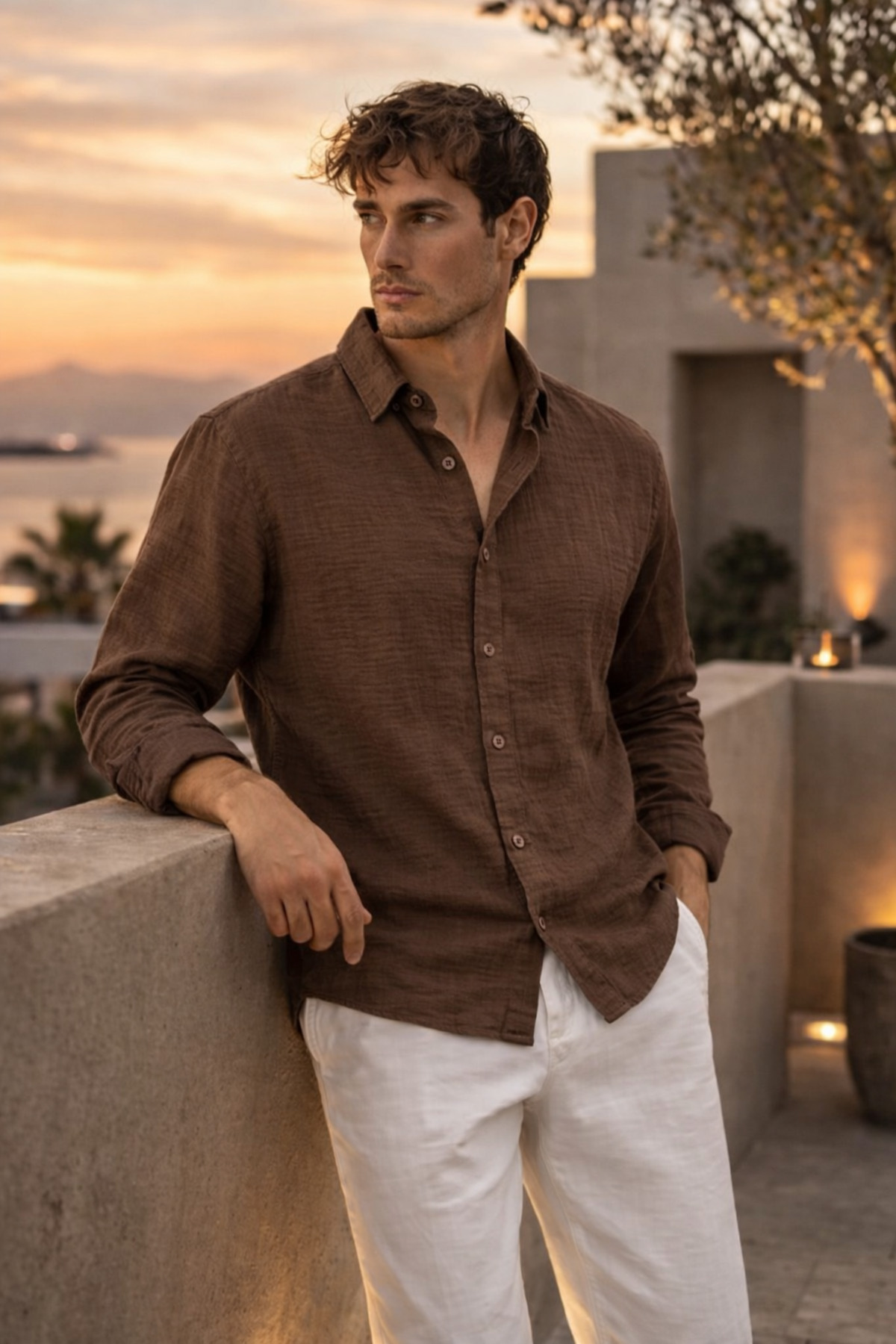 Valiberta  Nefes Alabilir Yarım Oversize Müslin Kumaş Uzun Kol Yakalı Erkek Gömlek - Kahve