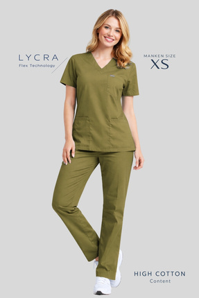 Simirna Üniforma Haki Yeşili Premium Kumaş Likralı Cerrahi Doktor Hemşire For...
