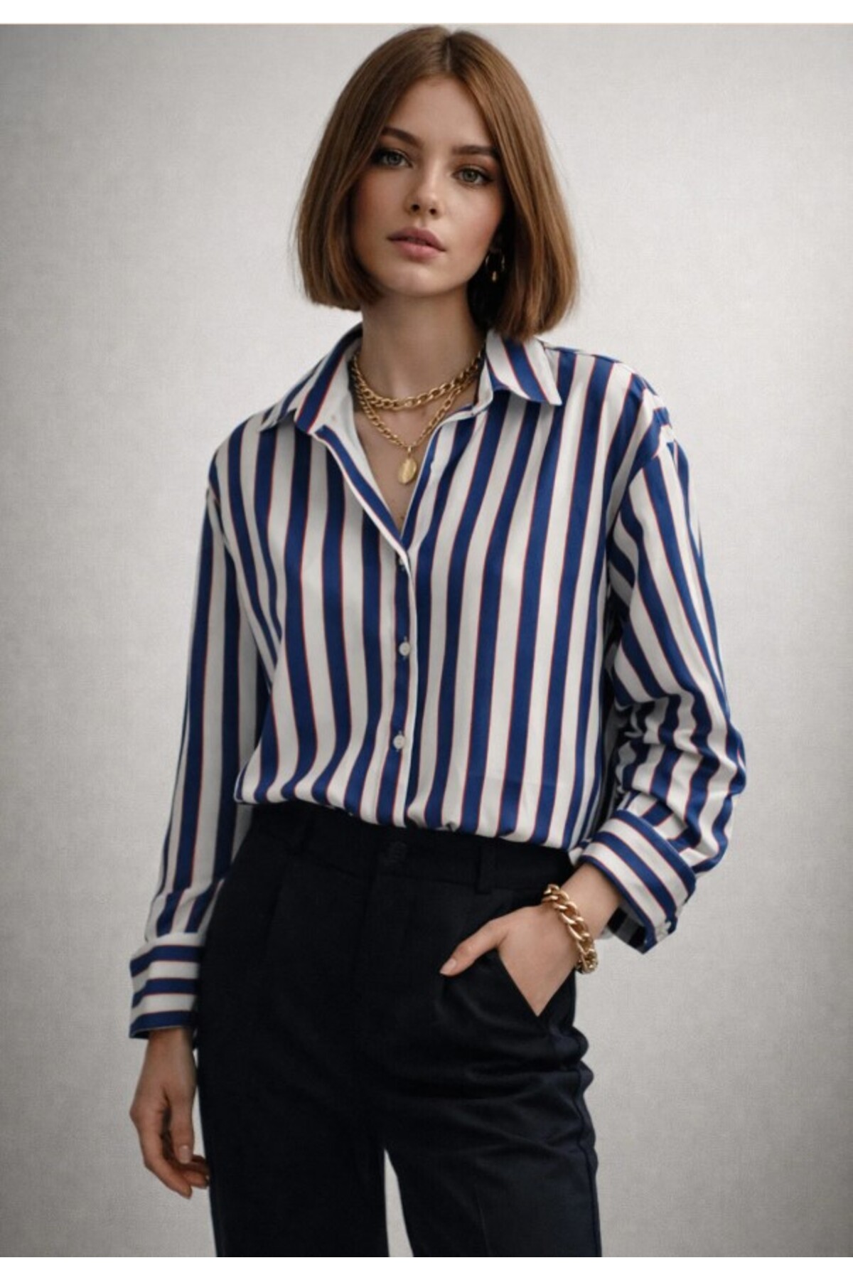 ribana  Kadın Çizgili saten kumaş Klasik Yaka, Önü Düğmeli Uzun kollu, Manşet Bitişli Gömlek 3971 - Görsel 6
