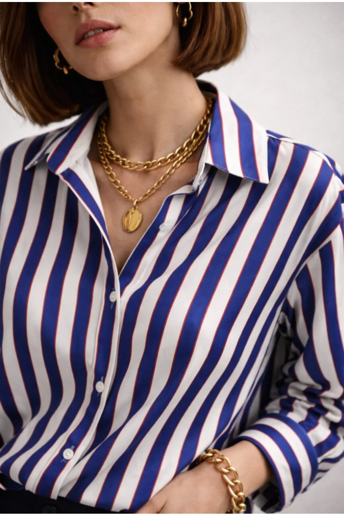 ribana  Kadın Çizgili saten kumaş Klasik Yaka, Önü Düğmeli Uzun kollu, Manşet Bitişli Gömlek 3971 - Görsel 5