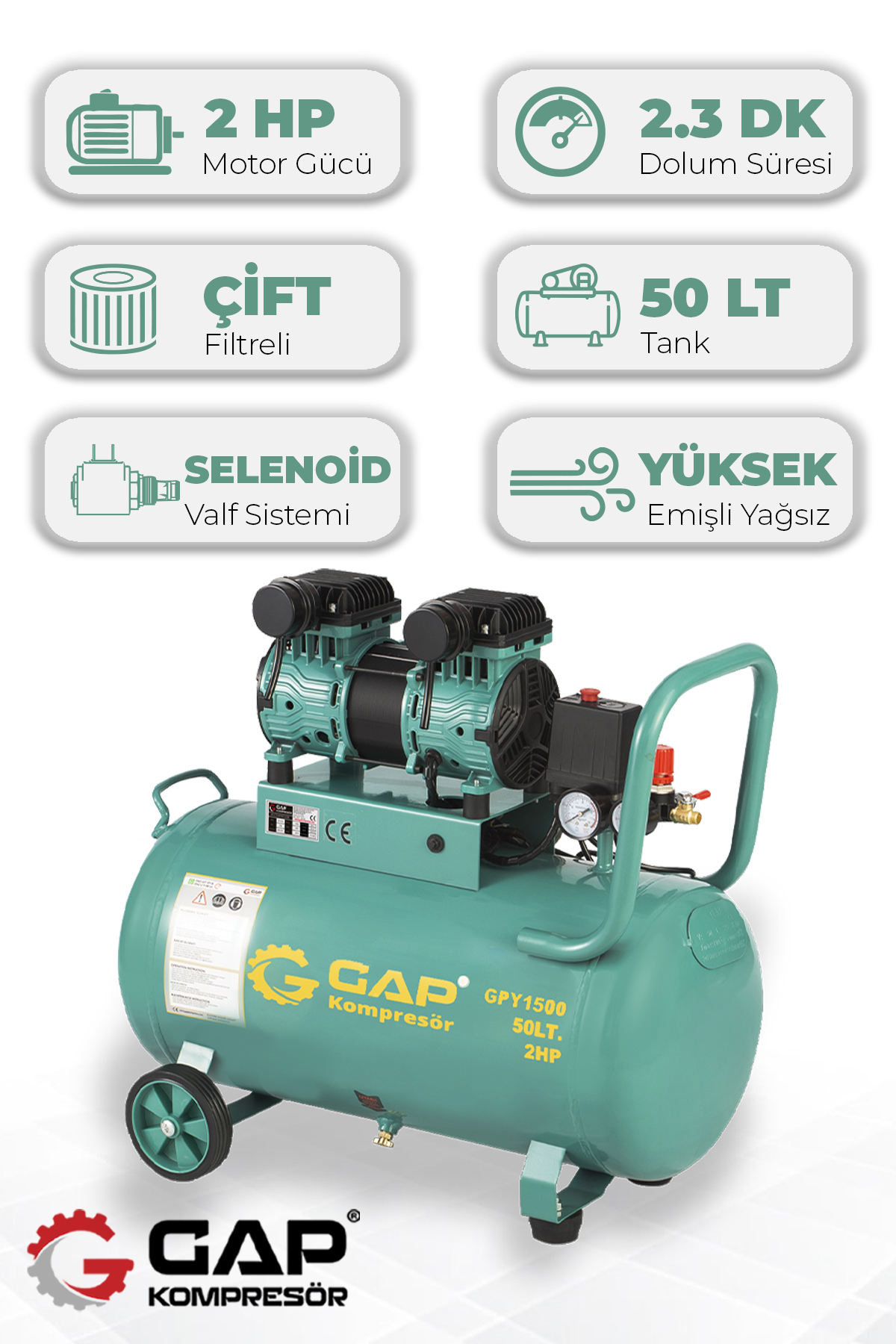 Air Compressor High Suction Oil Free Technology 50 Lt Gpy1500