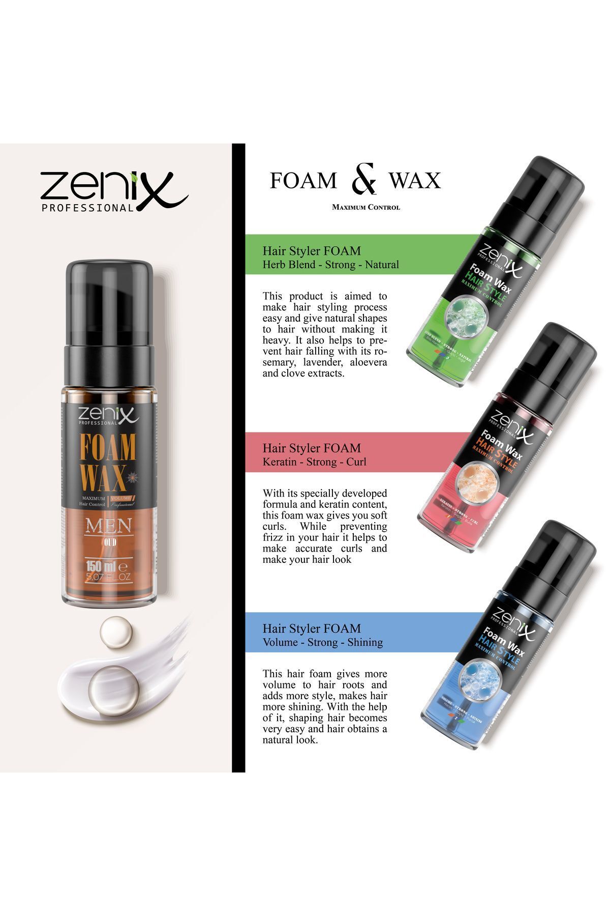 Men Series Hair Style Wax Foam Volume Strong Shine 150 ml — 233 — تصویر 8 از 8