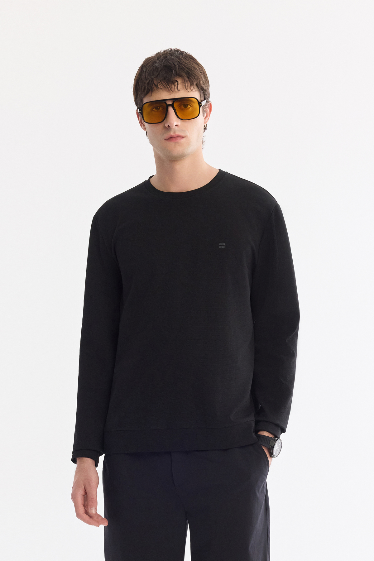 Avva  Erkek Siyah Bisiklet Yaka Esnek Yumuşak Doku İnterlok Kumaş Regular Fit Sweatshirt B001100