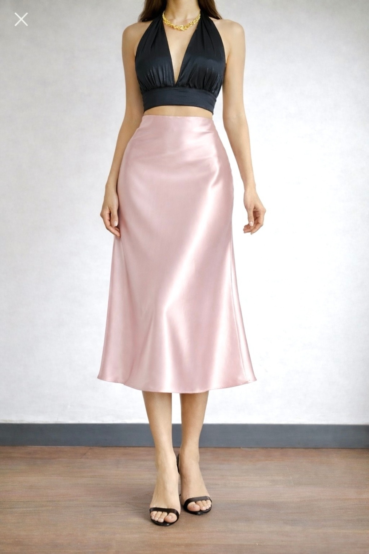 Kahra Collection  Pudra Pembe Midi Boy Dökümlü Saten Etek