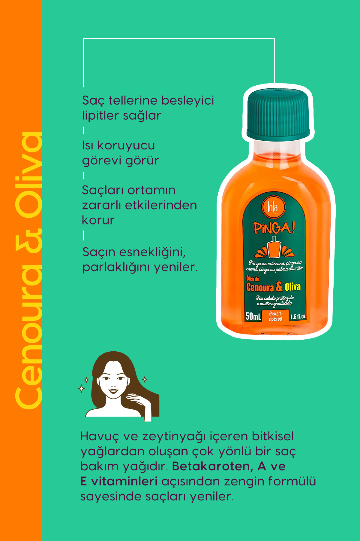 Pinga Havuç ve Zeytinyağı Saç Yağı, Saç Liflerini Güçlendirir, Elastikiyet ve Ekstra Parlaklık 50ml — 7899572810185 — تصویر 4 از 6