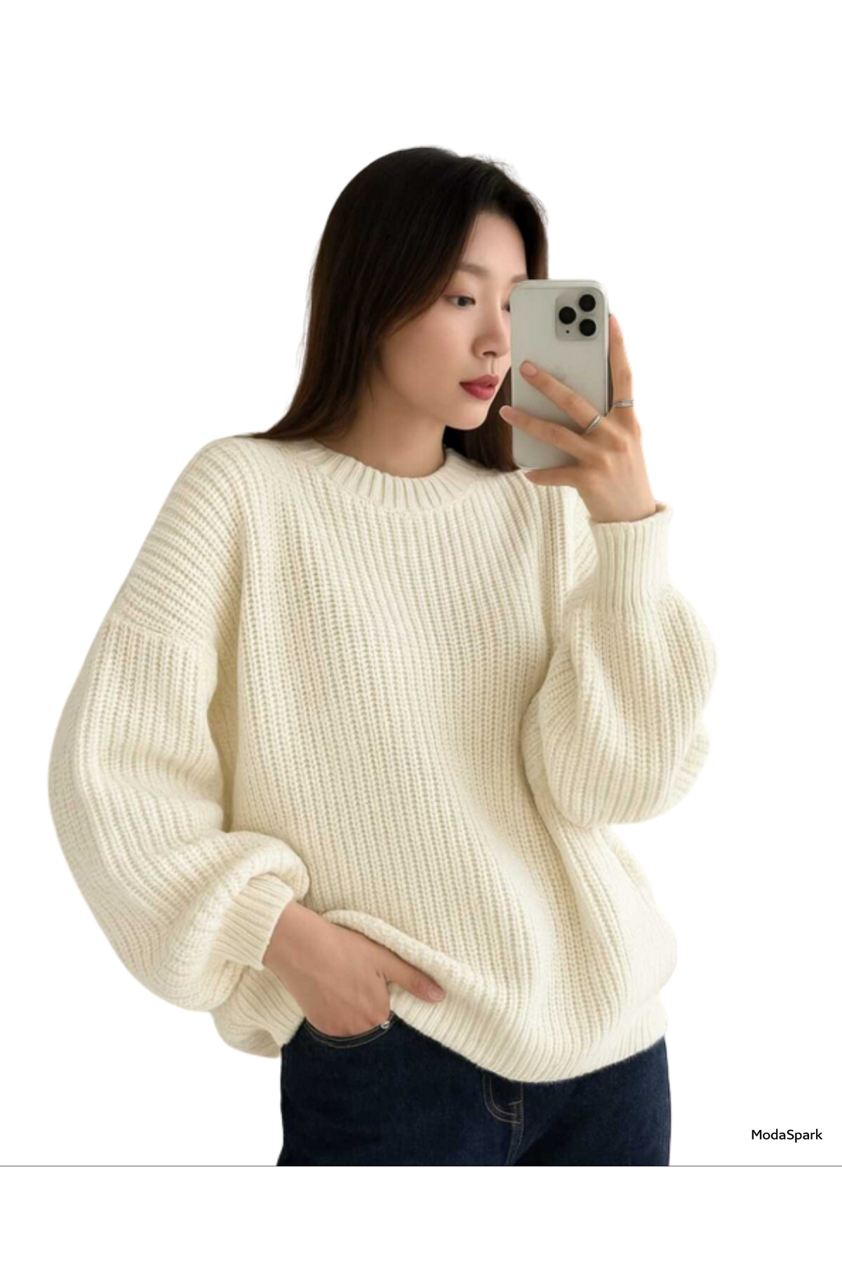 MODASPARK  Ekru Bisiklet Yaka Oversize Kadın Triko Kazak - Görsel 6