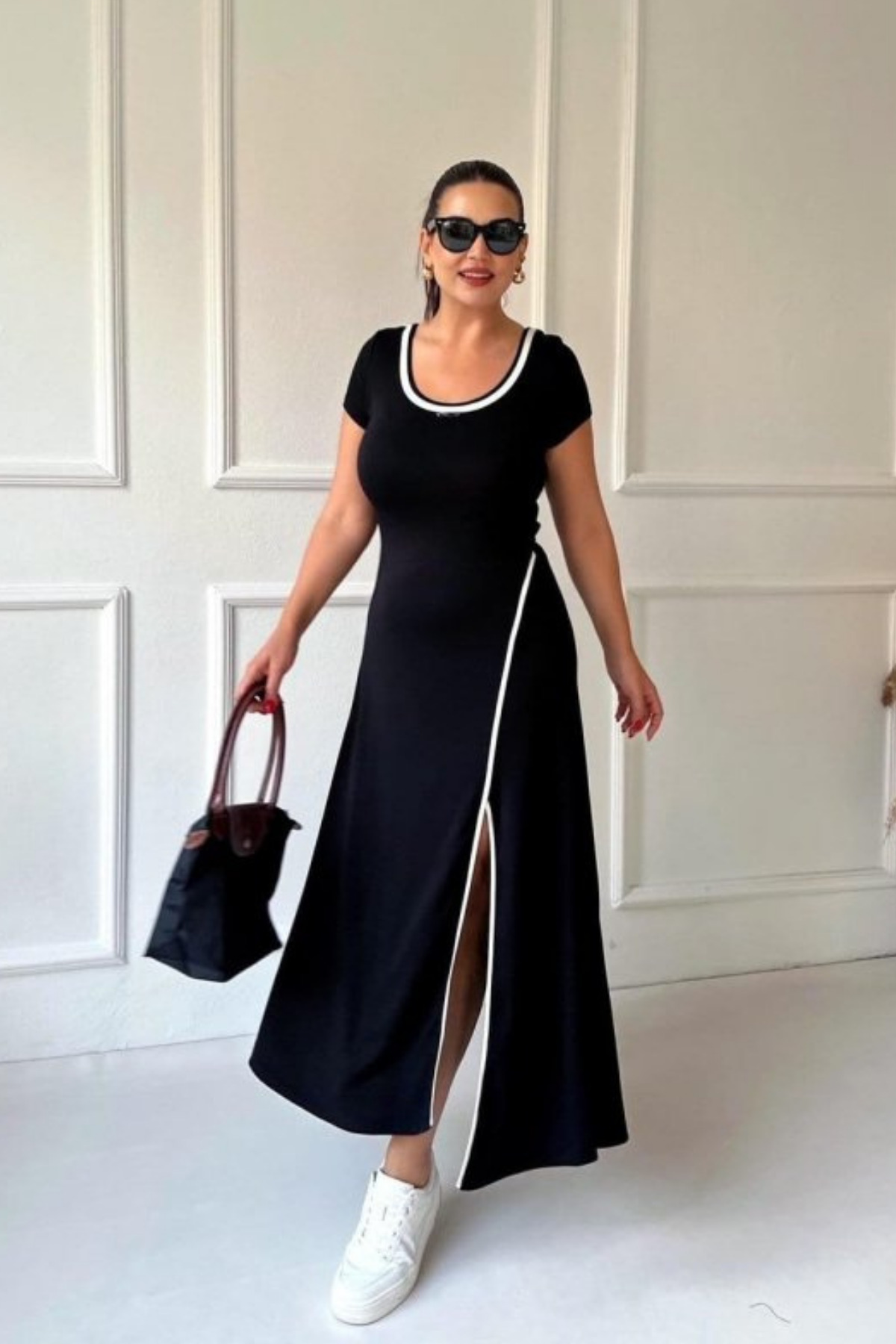 New Season Women's Round Rib Collar White Slit Detailed Viscose Full Length Dress