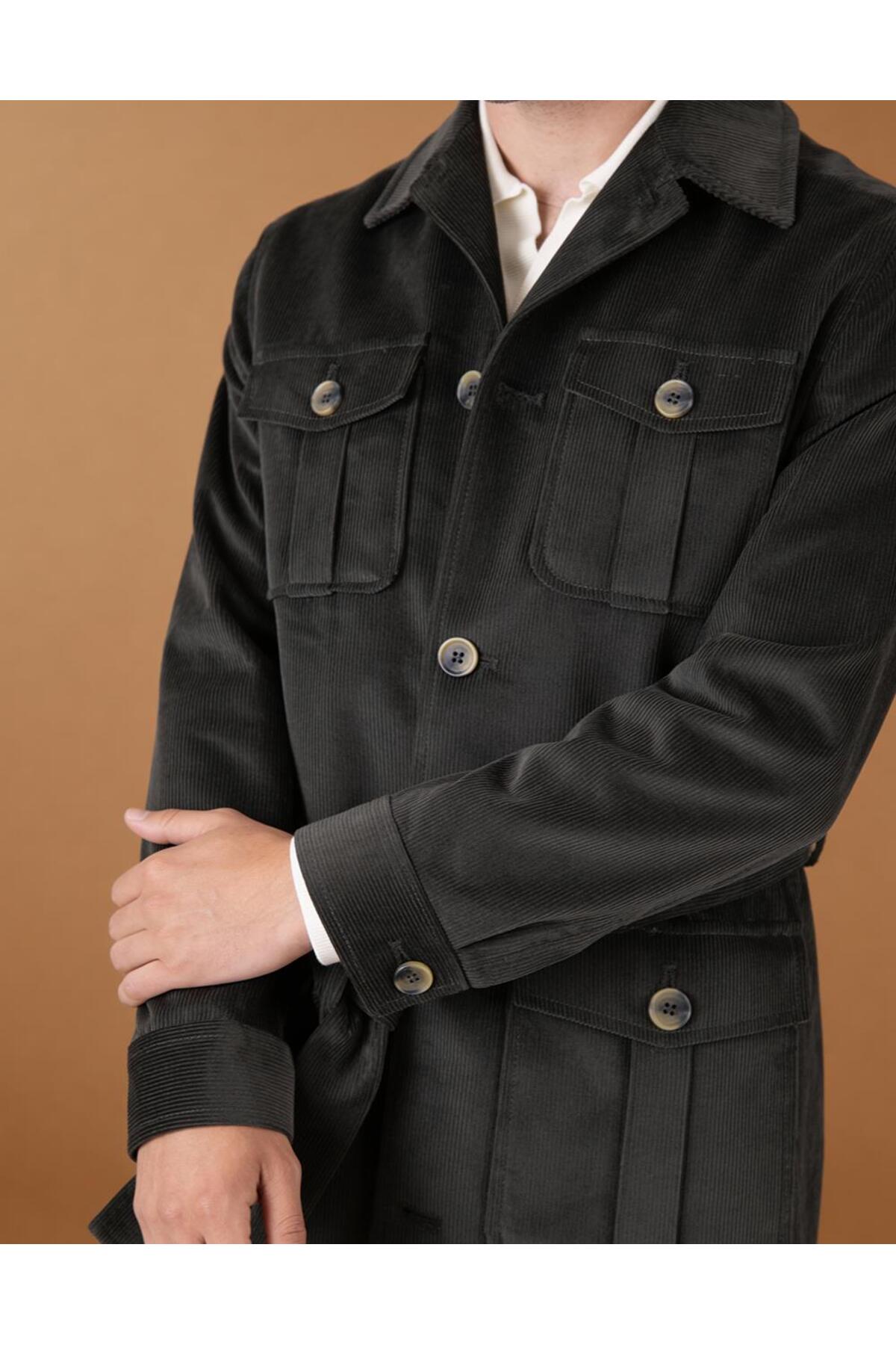 HC MEN CLASSIC Erkek Modern Fit Safari Tarz Ceket Yaka Trençkot Kuşaklı Kadife Kumaş görsel 3