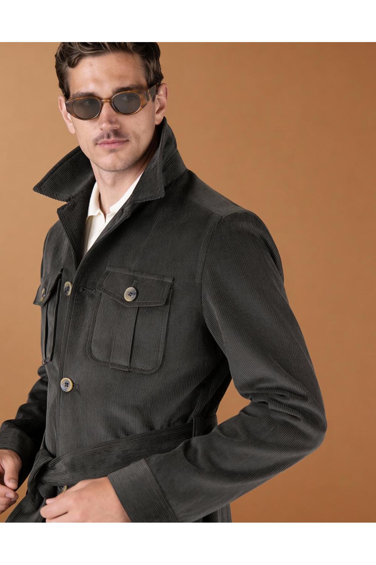 HC MEN CLASSIC Erkek Modern Fit Safari Tarz Ceket Yaka Trençkot Kuşaklı Kadife Kumaş görsel 2