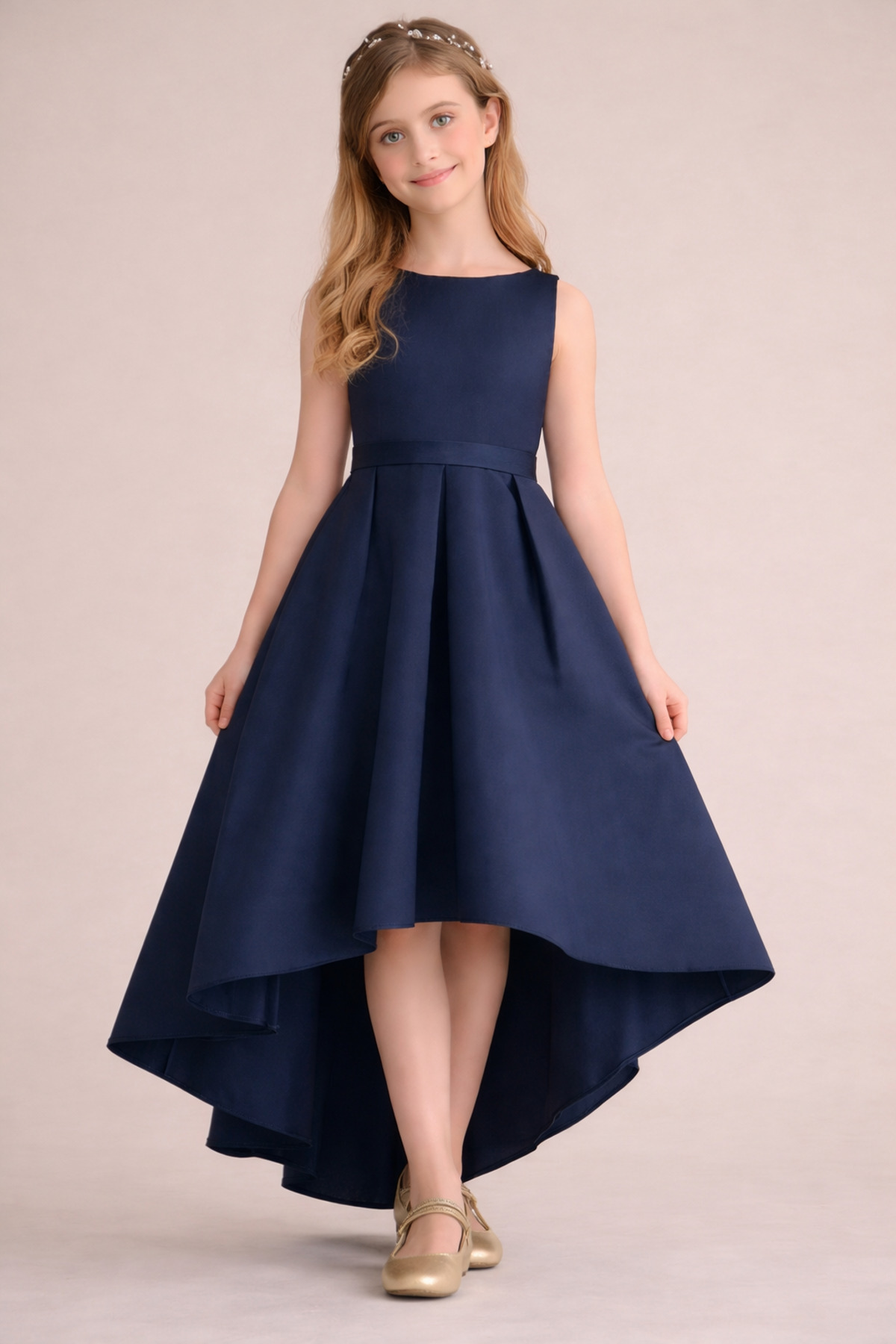 nsmkidslife Girl's Navy Blue Color Asymmetrical Skirt Detailed Simple  Stylish Satin Ball Gown Birthday Prom Graduation Dress- Trendyol