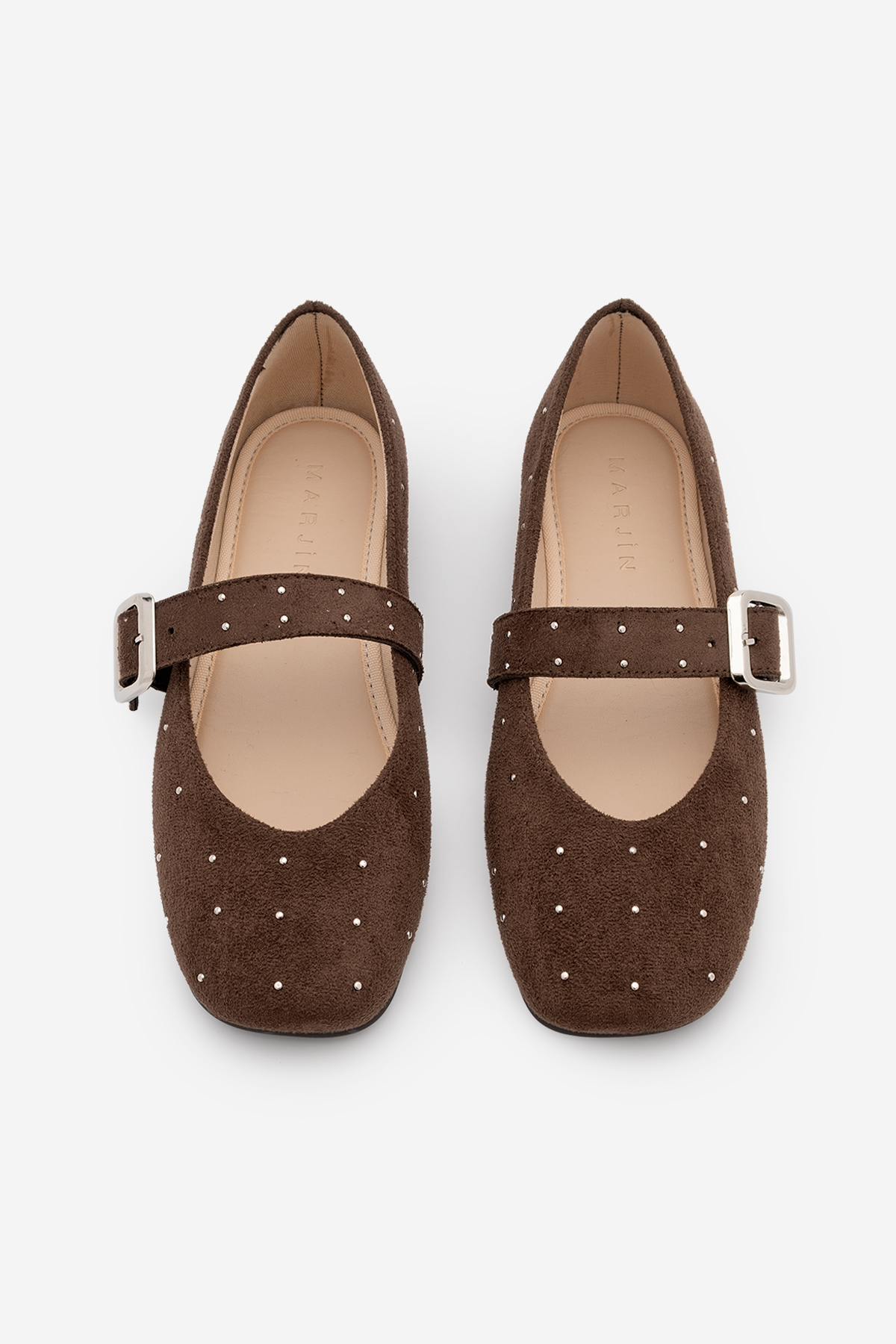 Marjin  Kadın Küt Burun Tokalı Zımbalı Babet Velona Kahve Süet - Görsel 7