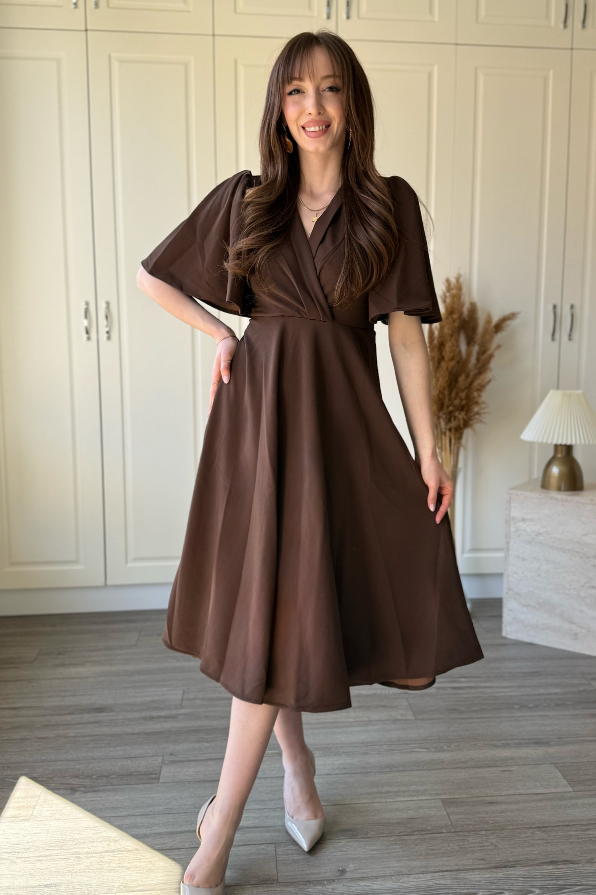 Wrap Collar Sleeves Flywheel Midi Brown Dress
