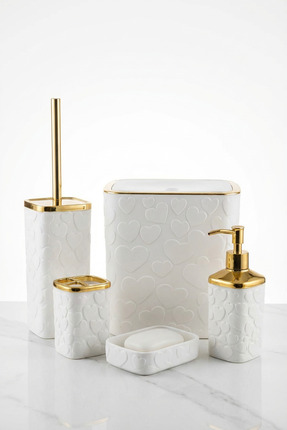 MAKRİ HOME 5 Parça Banyo Seti, Kalp Desenli, Beyaz Gold, Kare, Click Kapaklı,...