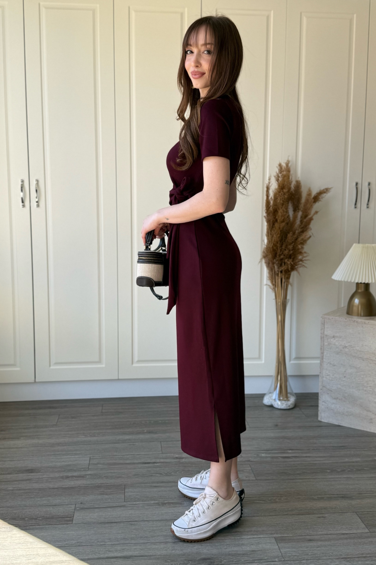 Dilay Gökoğlu Butik  Bağlamalı Bordo Midi Modal Elbise - Görsel 6