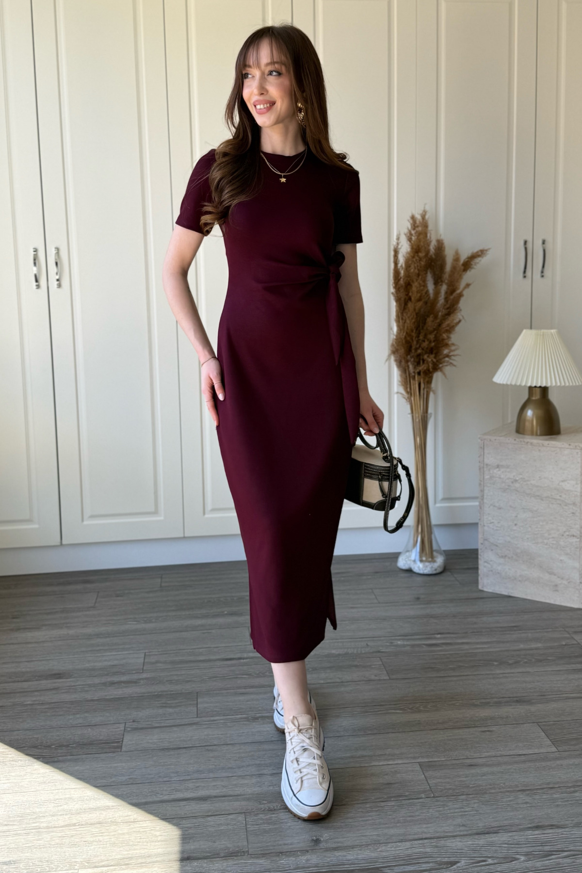 Dilay Gökoğlu Butik  Bağlamalı Bordo Midi Modal Elbise - Görsel 7