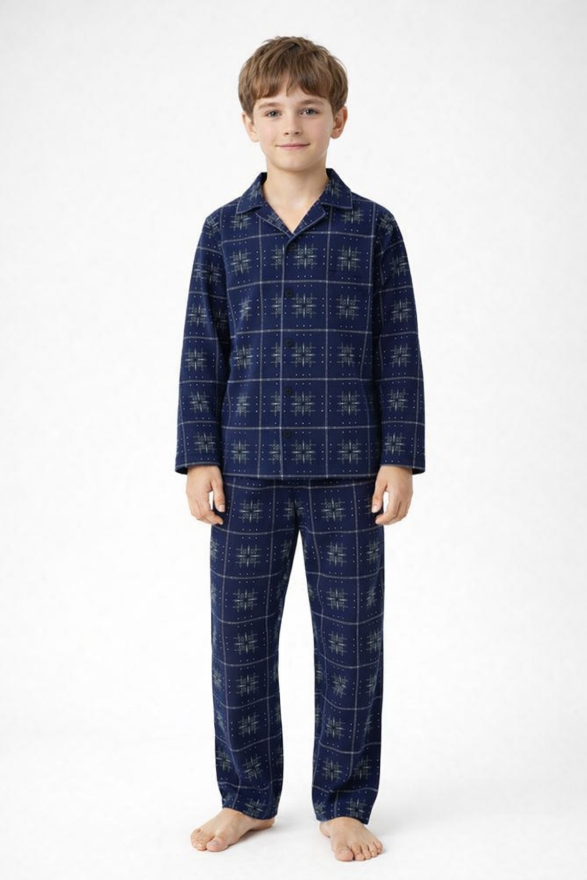 Free Beka Lacivert Ekose Desenli Uzun Kollu Gömlek Yaka Düğmeli Erkek Çocuk Pijama Takımı fotoğrafı 2 (önizleme)