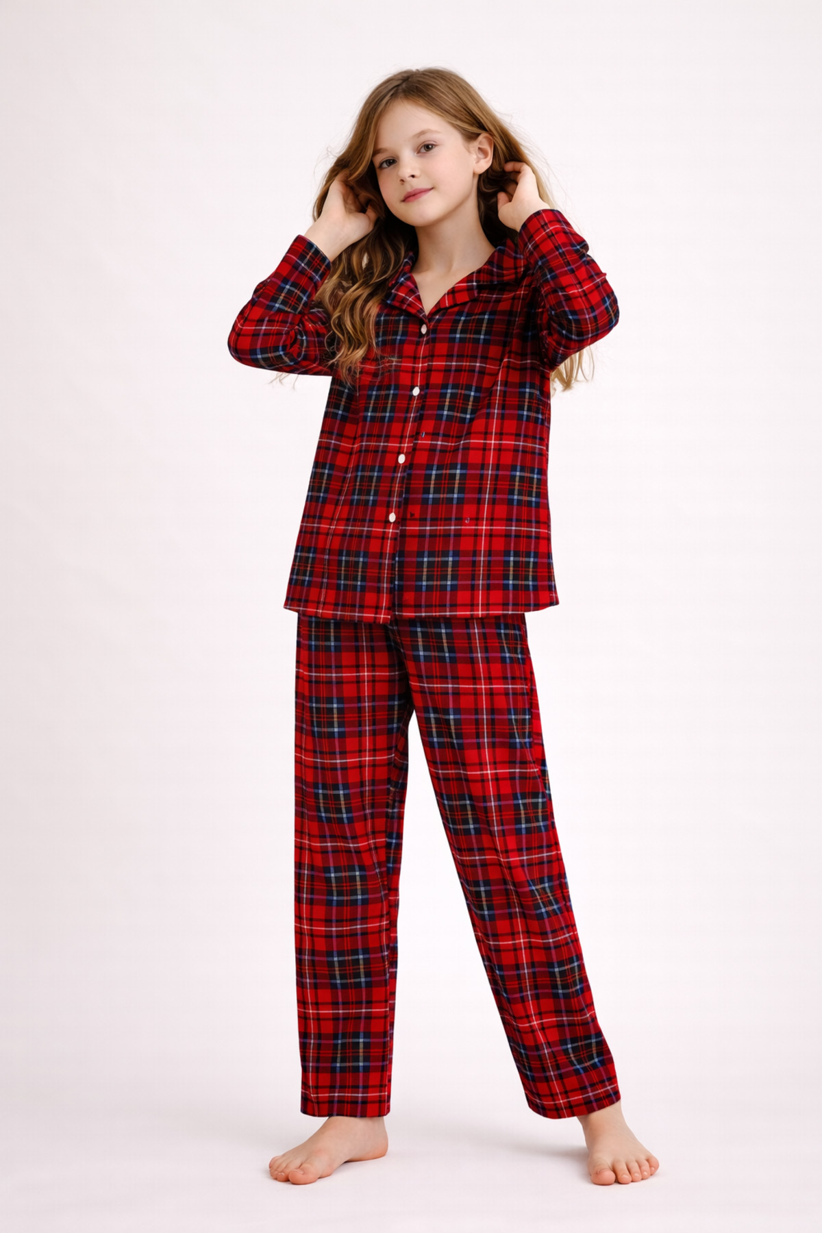 Free Beka Kırmızı Ekose Desenli Uzun Kollu Gömlek Yaka Düğmeli Kız Çocuk Pijama Takımı fotoğrafı 4 (önizleme)