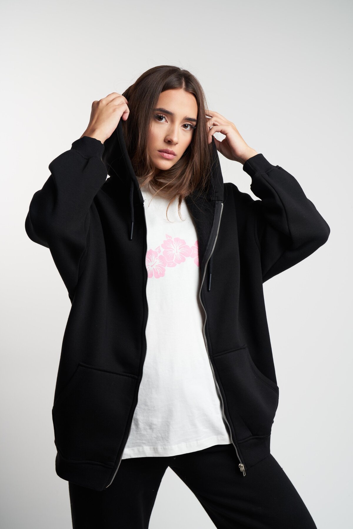 citycenterfashion Unisex Kapüşonlu Şardonlu Oversize Sweatshirt Fermuarlı Ceket cty-abr-1763 görsel 2