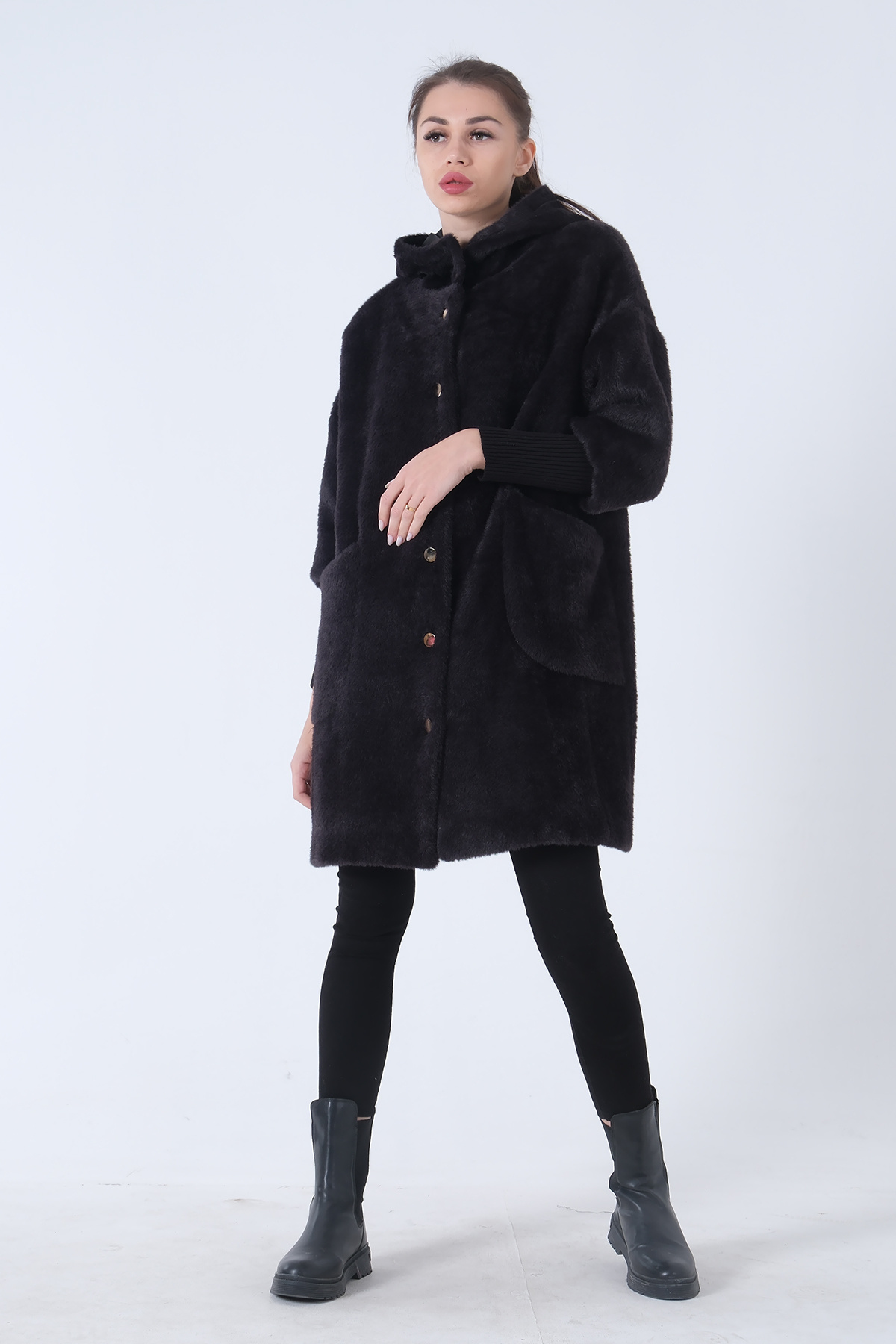 Feminist  Gold Düğmeli Kapüşonlu Yün Peluş Kaban Siyah 44510388 - Görsel 2