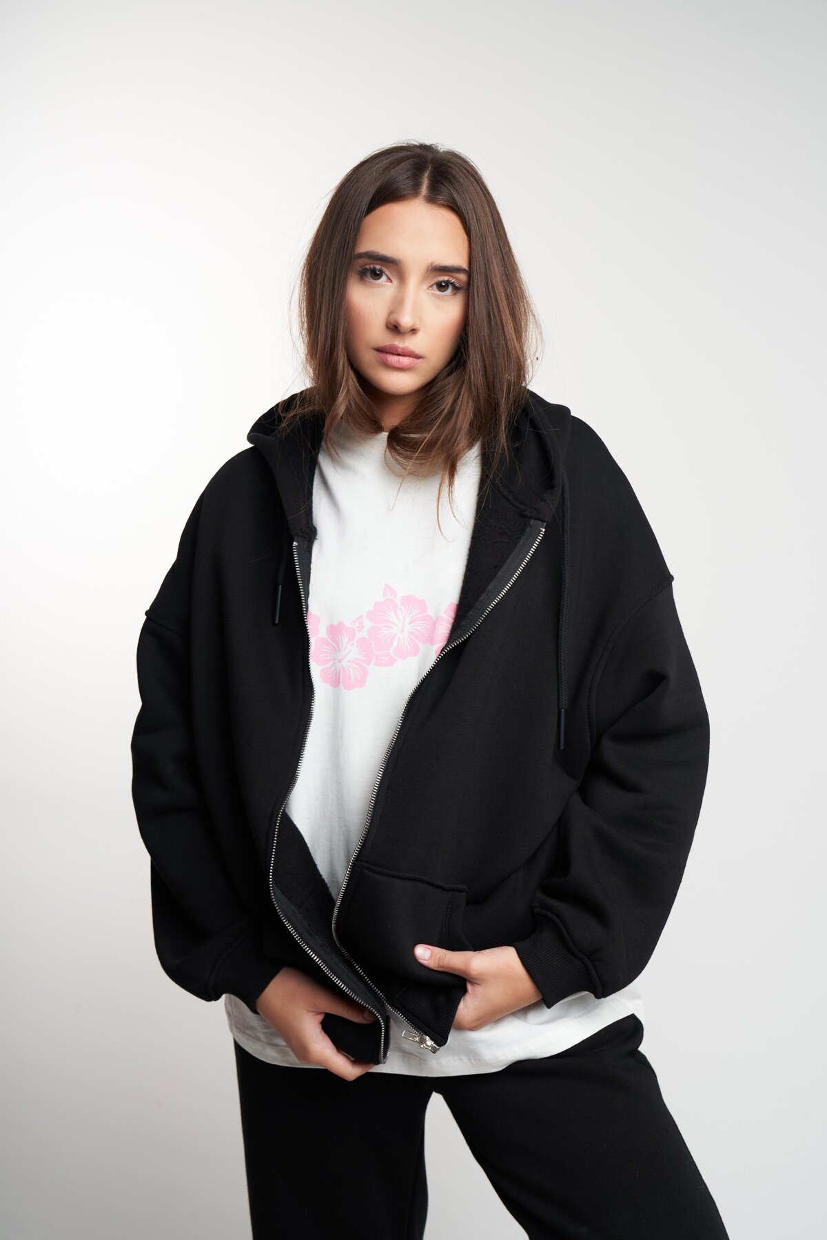 citycenterfashion Unisex Kapüşonlu Şardonlu Oversize Sweatshirt Fermuarlı Ceket cty-abr-1763