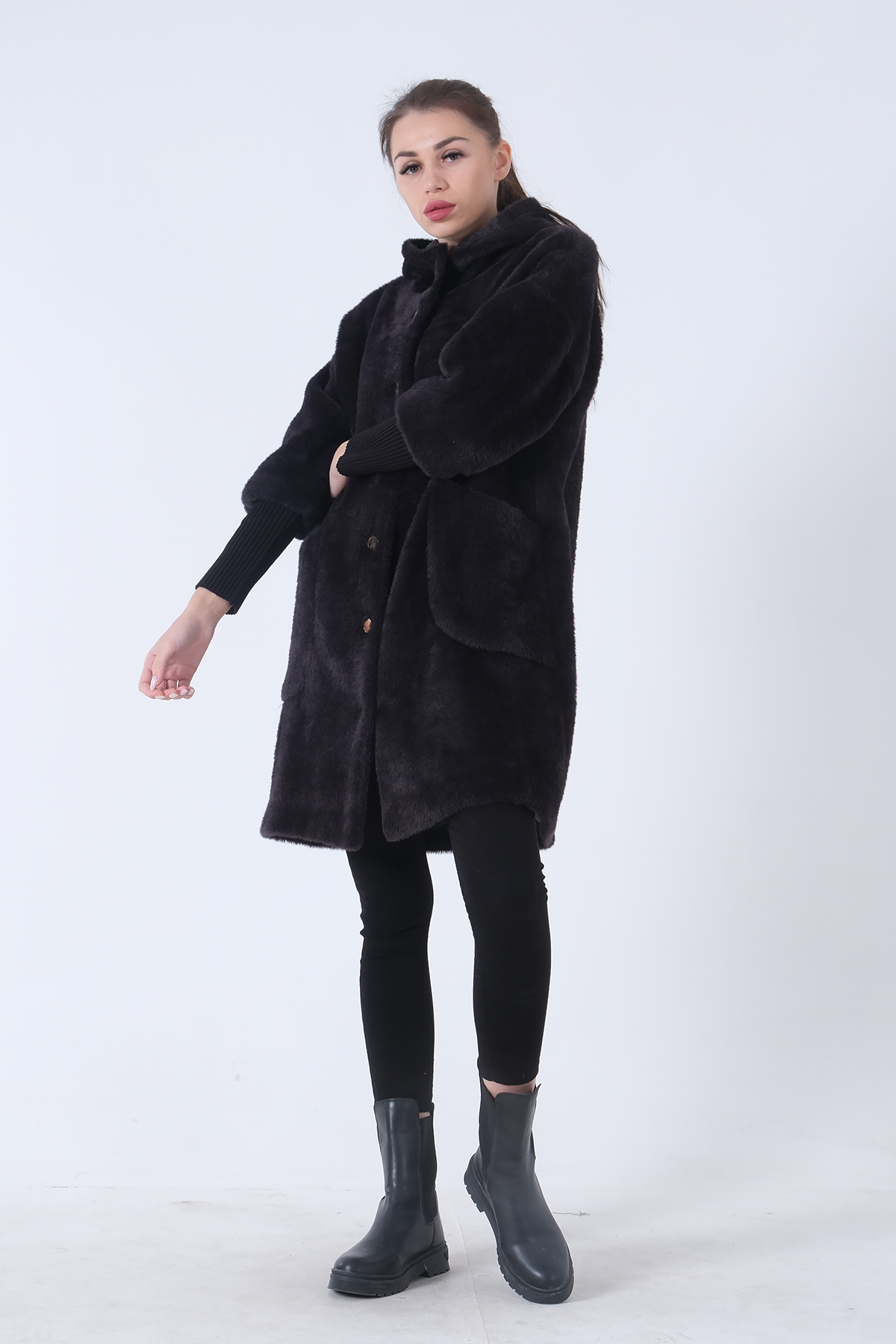 Feminist  Gold Düğmeli Kapüşonlu Yün Peluş Kaban Siyah 44510388 - Görsel 5