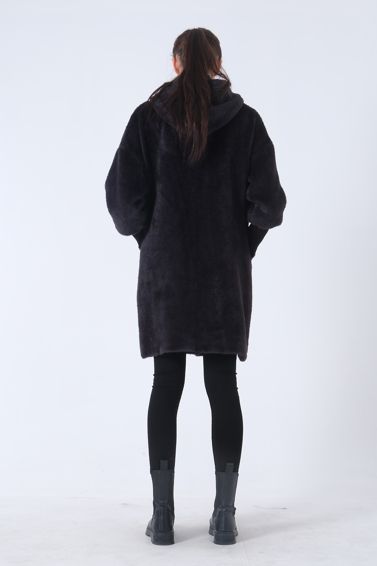 Feminist  Gold Düğmeli Kapüşonlu Yün Peluş Kaban Siyah 44510388 - Görsel 6
