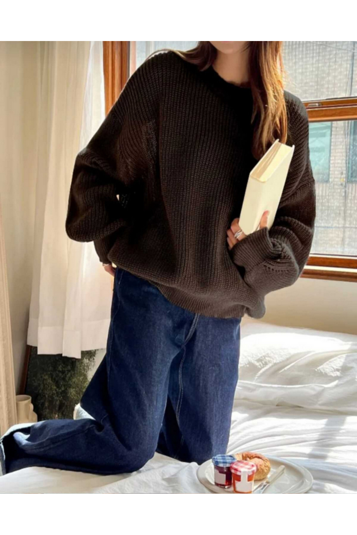 MODASPARK  Kahverengi Bisiklet Yaka Oversize Kadın Triko Kazak - Görsel 5