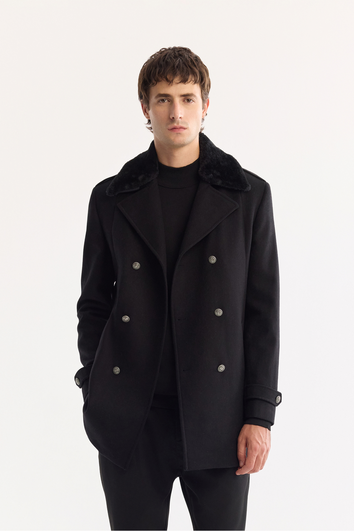 Avva  Erkek Siyah Kruvaze Yün Karışımlı Kaşe Regular Fit Kaban A52Y6069