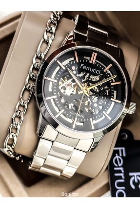 Ferrucci Otomatik (Pilsiz) Erkek Kol Saati,Çelik Kordon, Su Geçirmez, Gümüş -...
