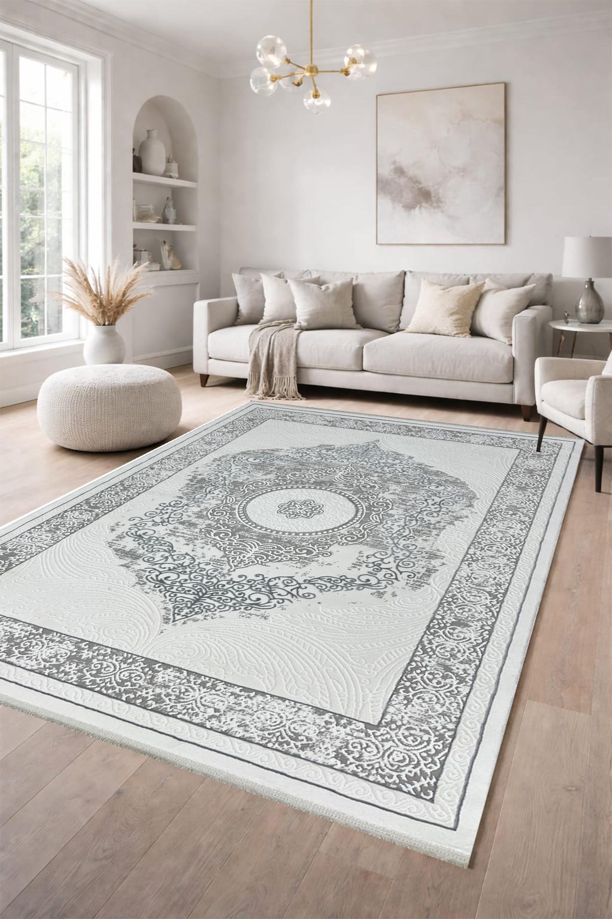 4 Square Meters - 6 Square Meters Thick Modern Woven Living Room Kitchen Rug Antiallergic Grey White