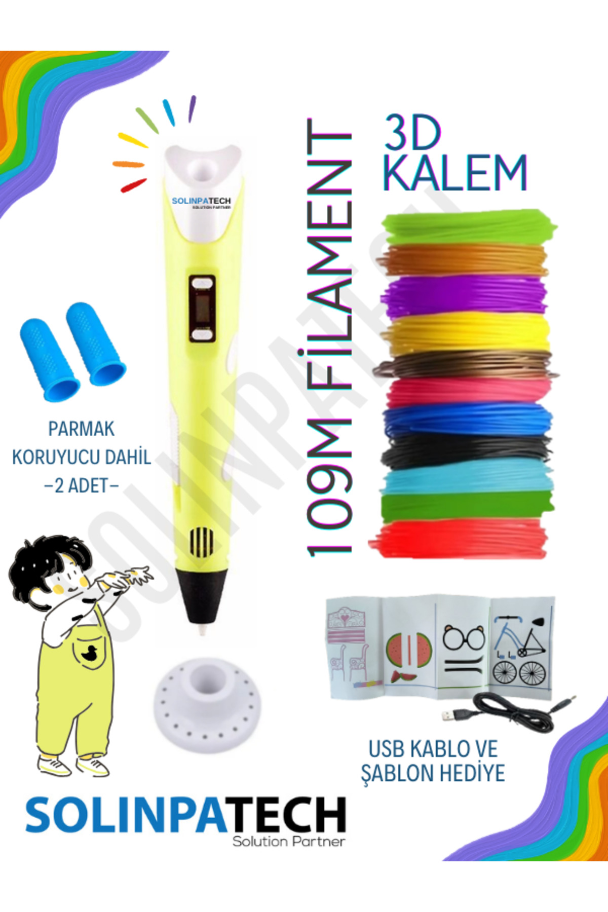 Yellow 3d Pen 3d Pen Printer Pen | Multicolor (TOTAL 109 METERS) Filament Usb Cable