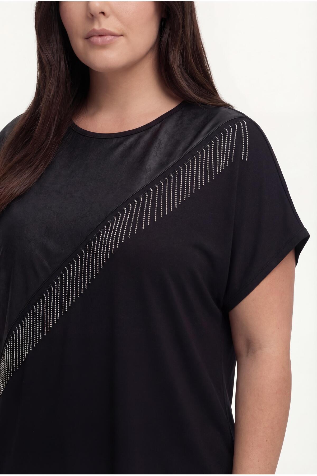 Ebsumu  Kadın Büyük Beden Deri Görünüm Ve Püskül Detay Siyah Bluz - Görsel 5