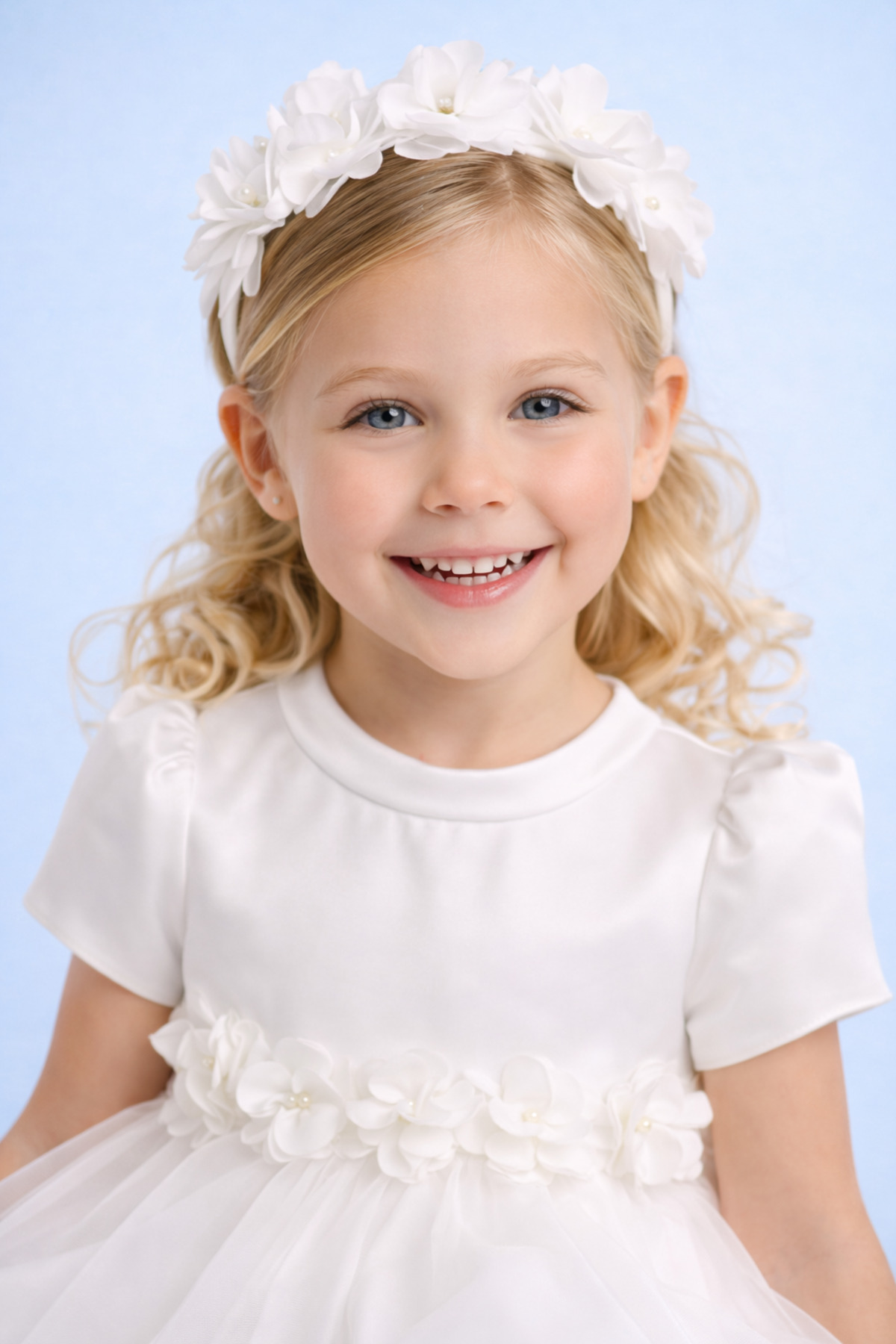 Pamina Princess Girl Pamina Kız Çocuk Ekru Tül Abiye Elbise Çiçekli Bel Detaylı Özel Gün Düğün Davet Elbisesi 3-7 Yaş