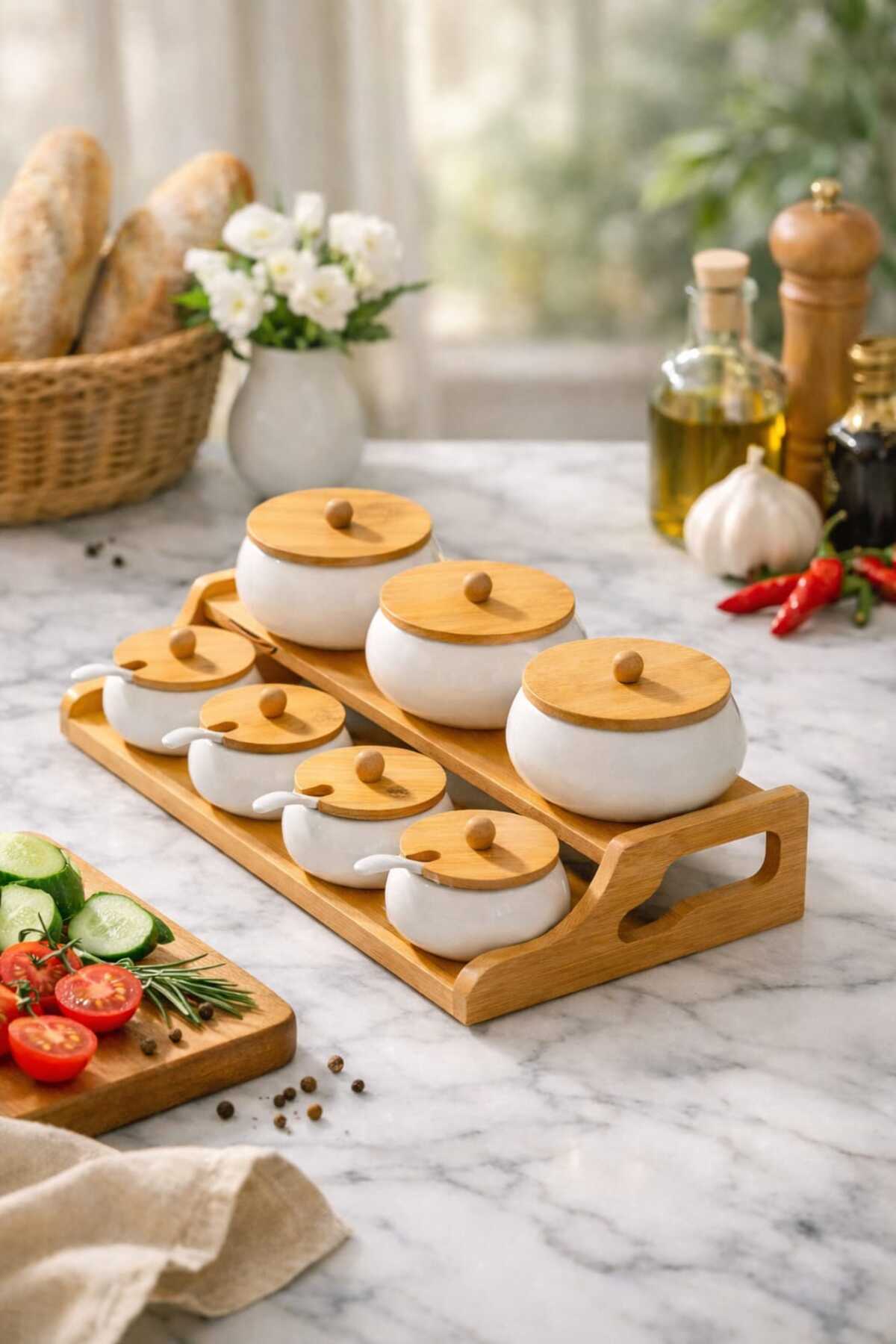 moontime alaçatı 7'li Porselen Baharat Takımı Bambu Standlı, şık